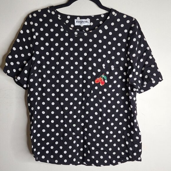 Essential Antwerp Black White Polka Dot Cherry Patch Short Sleeve Blouse, sz 36 - Picture 1 of 6